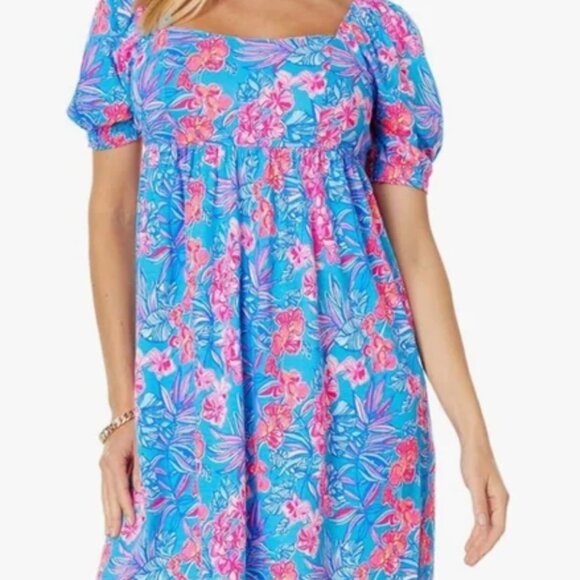Lilly Pulitzer Delaney Puffed Sleeve Smocked Blue Orchid Midi Dress - Picture 8 of 8